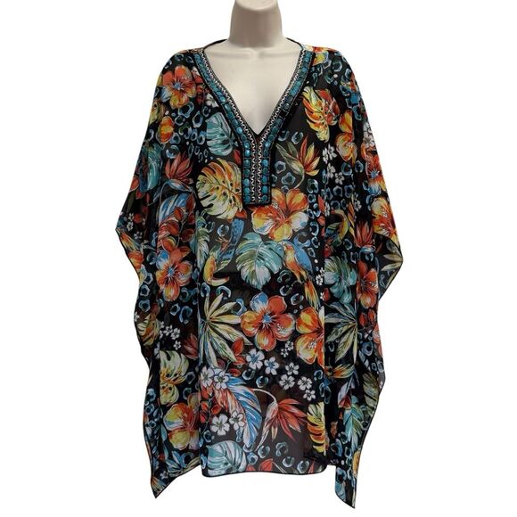 Soleillee Sheer Dark Floral Parrot Print Embellished Tunic Top Plus Sz 2X - Picture 15 of 15